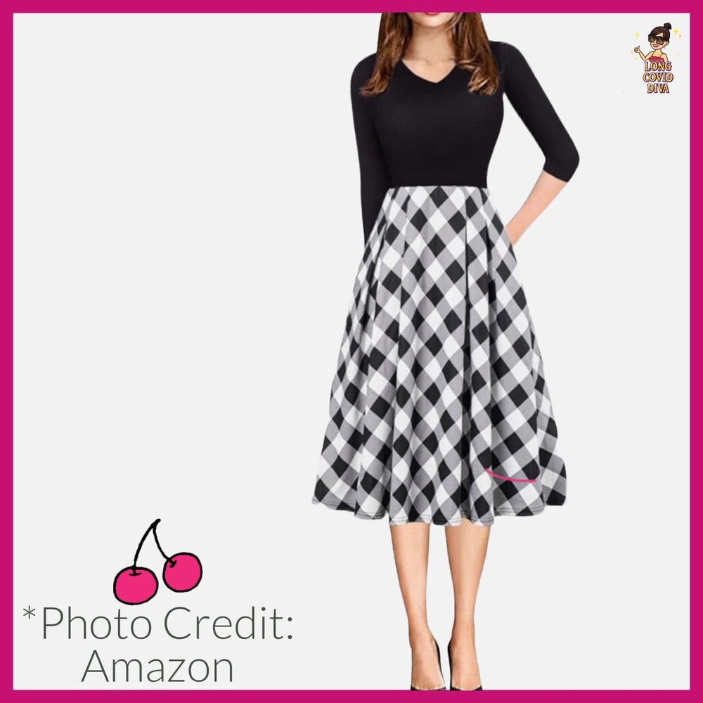 🖤🤍EUC/Casual 3/4 Sleeve, Swing, Black & White Argyle, Midi-Dress/XXL
